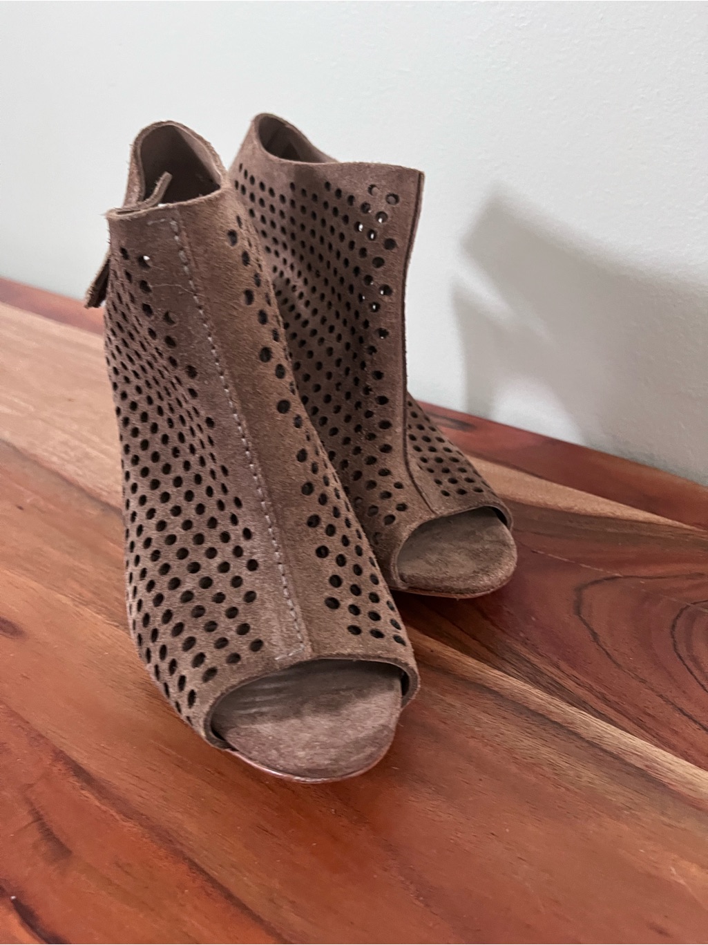 Pedro Garcia Taupe Suede Perforated Open Toe Booties Stiletto Heels Spain 38.5